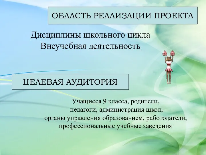 Дисциплины школьного цикла Внеучебная деятельность Учащиеся 9 класса, родители, педагоги, администрация