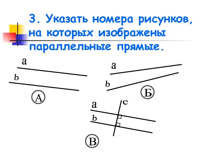 3. Указать номера рисунков, на которых изображены параллельные прямые. a b