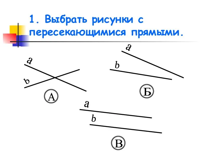 1. Выбрать рисунки с пересекающимися прямыми. a b А a b Б a b В