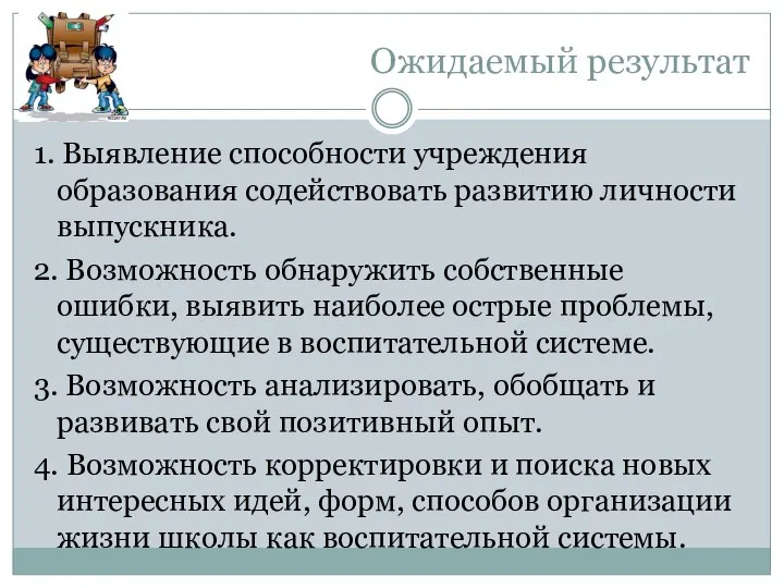 Ожидаемый результат 1. Выявление способности учреждения образования содействовать развитию личности выпускника.