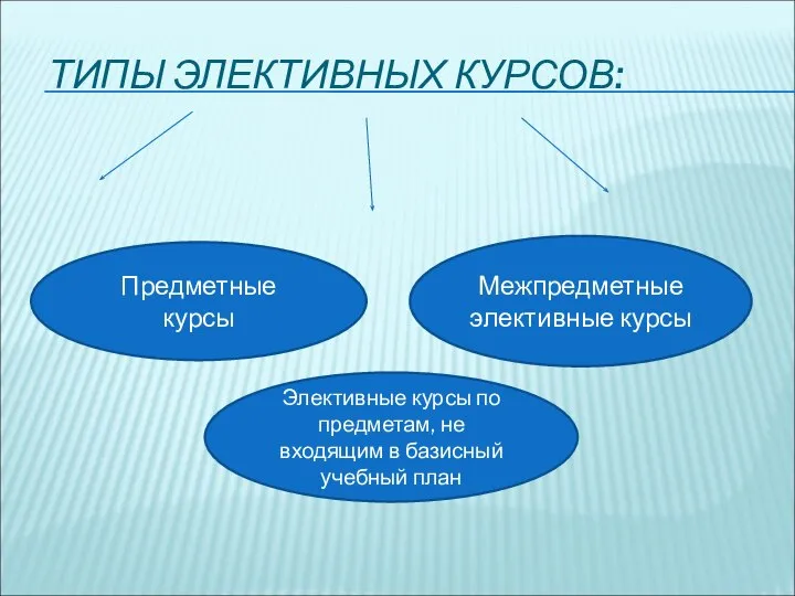 ТИПЫ ЭЛЕКТИВНЫХ КУРСОВ: Предметные курсы Межпредметные элективные курсы Элективные курсы по