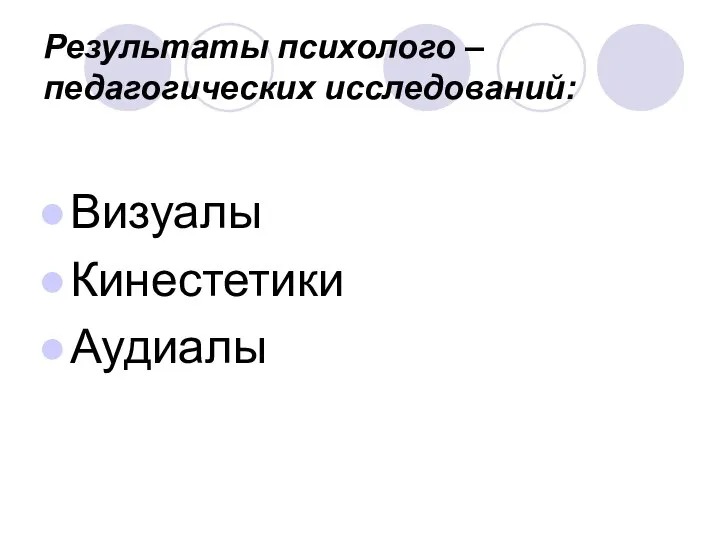 Результаты психолого –педагогических исследований: Визуалы Кинестетики Аудиалы