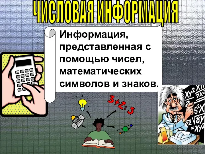 Информация, представленная с помощью чисел, математических символов и знаков. ЧИСЛОВАЯ ИНФОРМАЦИЯ