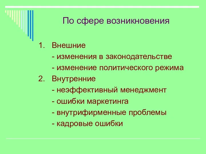 По сфере возникновения 1. Внешние - изменения в законодательстве - изменение