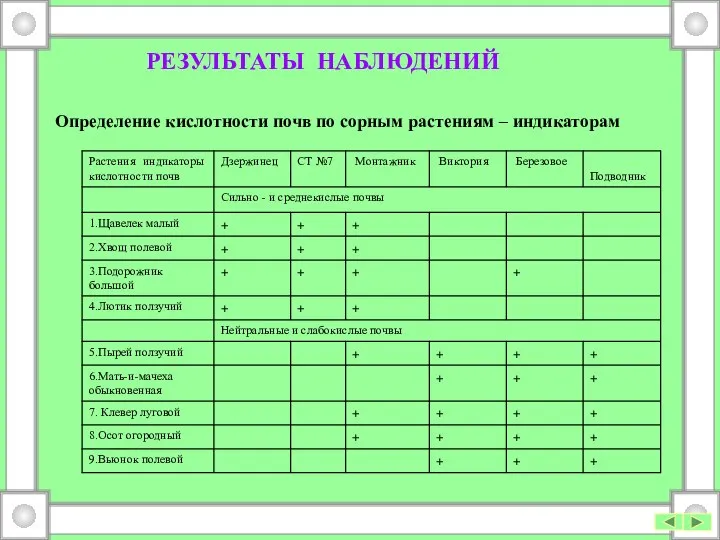 РЕЗУЛЬТАТЫ НАБЛЮДЕНИЙ Определение кислотности почв по сорным растениям – индикаторам