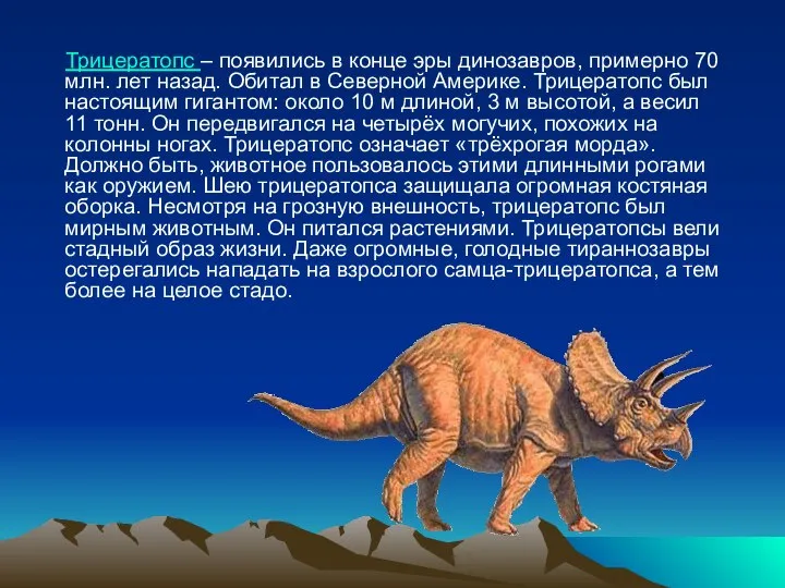 Трицератопс – появились в конце эры динозавров, примерно 70 млн. лет