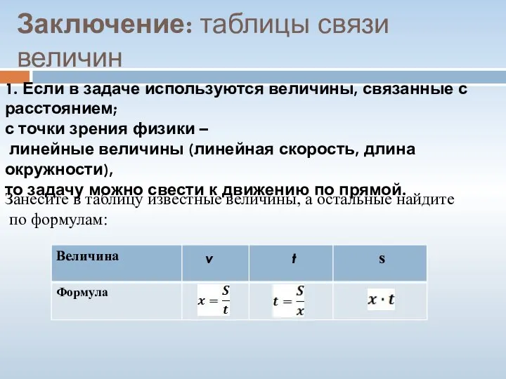 Заключение: таблицы связи величин 1. Если в задаче используются величины, связанные