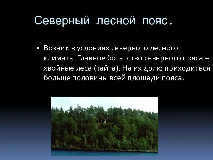Северный лесной пояс. Возник в условиях северного лесного климата. Главное богатство