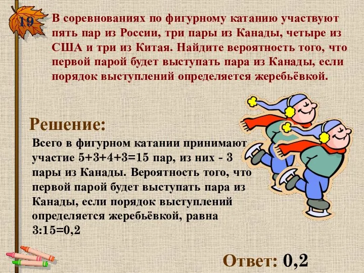 19. В соревнованиях по фигурному катанию участвуют пять пар из России,