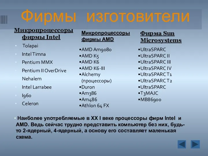 Фирмы изготовители Микропроцессоры фирмы Intel Tolapai Intel Timna Pentium MMX Pentium