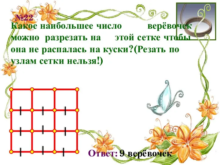 №22 Какое наибольшее число верёвочек можно разрезать на этой сетке чтобы