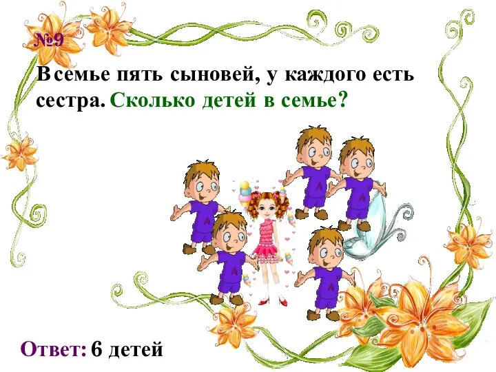 №9 В семье пять сыновей, у каждого есть сестра. Сколько детей в семье? Ответ: 6 детей