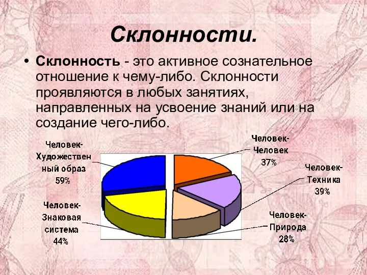 Склонности. Склонность - это активное сознательное отношение к чему-либо. Склонности проявляются