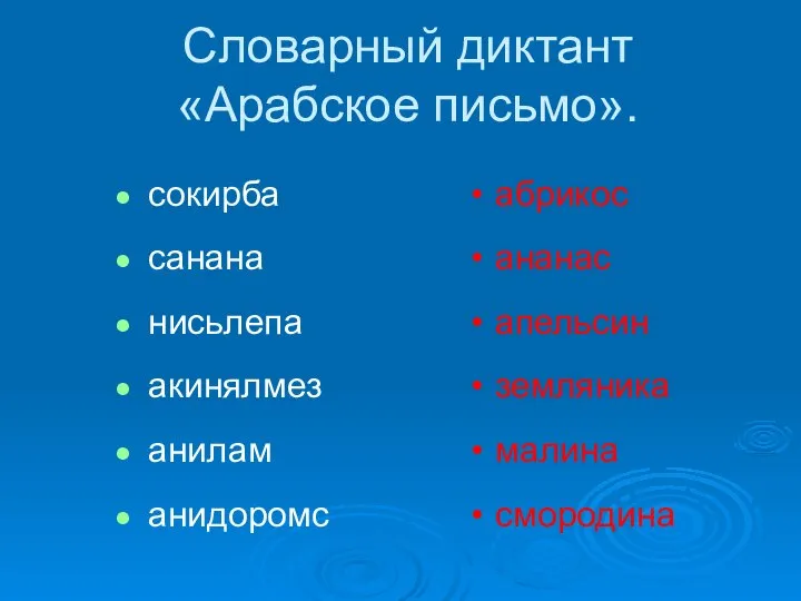 Словарный диктант «Арабское письмо». сокирба санана нисьлепа акинялмез анилам анидоромс абрикос ананас апельсин земляника малина смородина