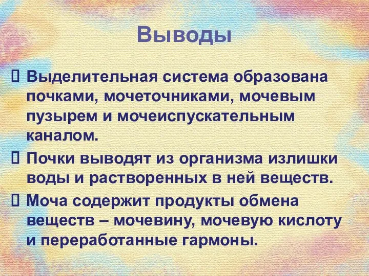 Выводы Выделительная система образована почками, мочеточниками, мочевым пузырем и мочеиспускательным каналом.