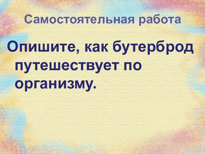 Самостоятельная работа Опишите, как бутерброд путешествует по организму.