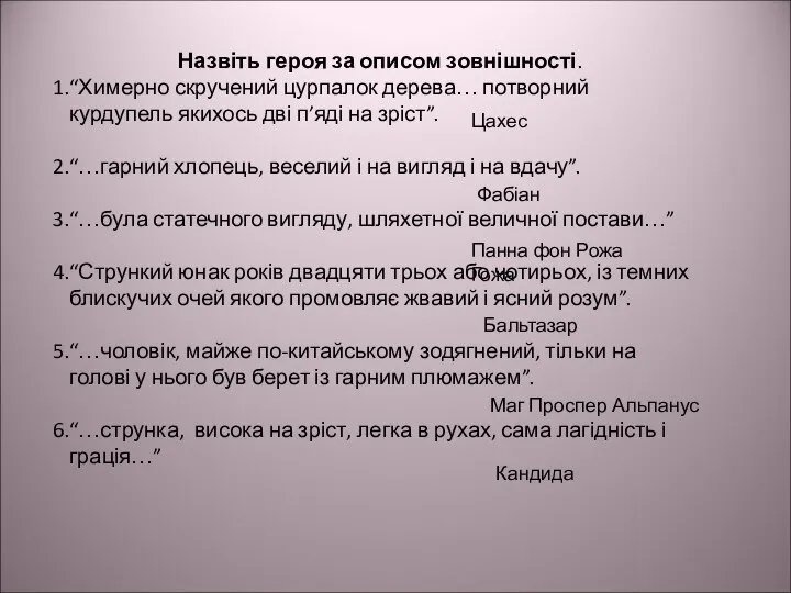 Назвіть героя за описом зовнішності. “Химерно скручений цурпалок дерева… потворний курдупель