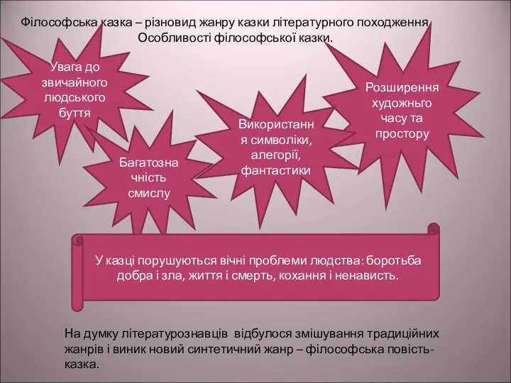 Філософська казка – різновид жанру казки літературного походження. Особливості філософської казки.