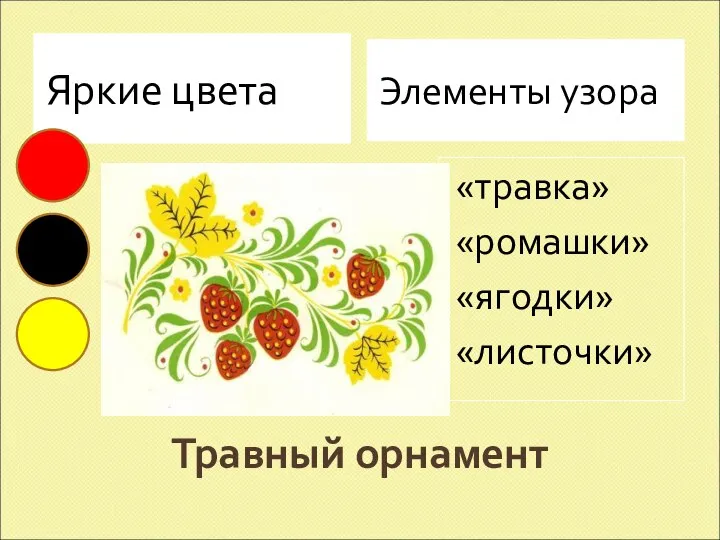 Травный орнамент Яркие цвета Элементы узора «травка» «ромашки» «ягодки» «листочки»