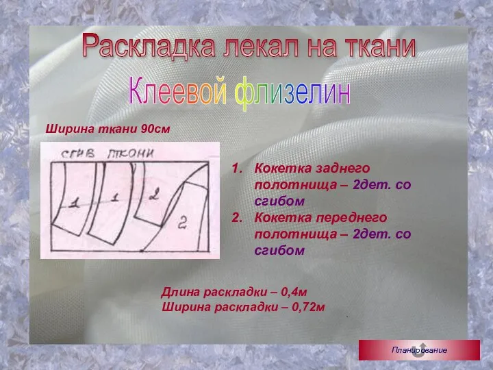 Раскладка лекал на ткани Клеевой флизелин Ширина ткани 90см Кокетка заднего