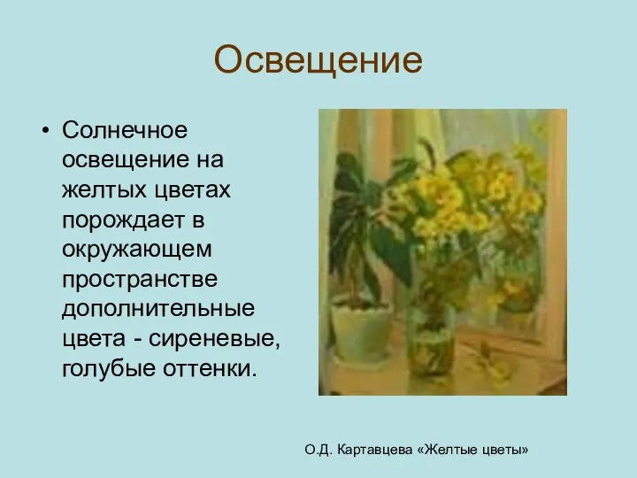 Освещение Солнечное освещение на желтых цветах порождает в окружающем пространстве дополнительные