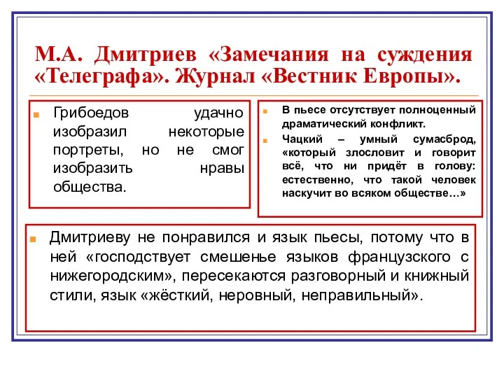 М.А. Дмитриев «Замечания на суждения «Телеграфа». Журнал «Вестник Европы». Грибоедов удачно