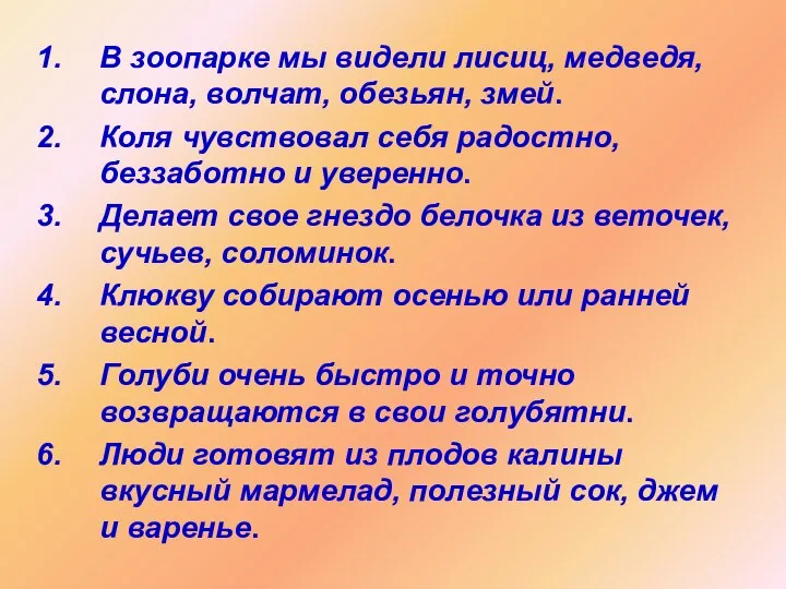 В зоопарке мы видели лисиц, медведя, слона, волчат, обезьян, змей. Коля