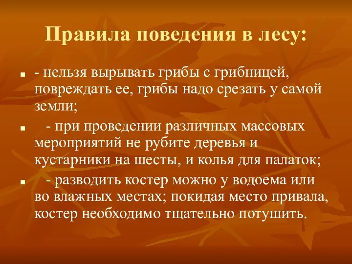 Правила поведения в лесу: - нельзя вырывать грибы с грибницей, повреждать