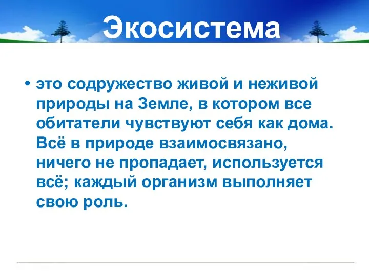 Экосистема это содружество живой и неживой природы на Земле, в котором