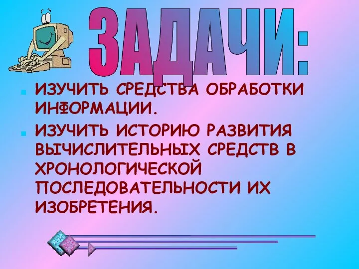 ИЗУЧИТЬ СРЕДСТВА ОБРАБОТКИ ИНФОРМАЦИИ. ИЗУЧИТЬ ИСТОРИЮ РАЗВИТИЯ ВЫЧИСЛИТЕЛЬНЫХ СРЕДСТВ В ХРОНОЛОГИЧЕСКОЙ ПОСЛЕДОВАТЕЛЬНОСТИ ИХ ИЗОБРЕТЕНИЯ. ЗАДАЧИ: