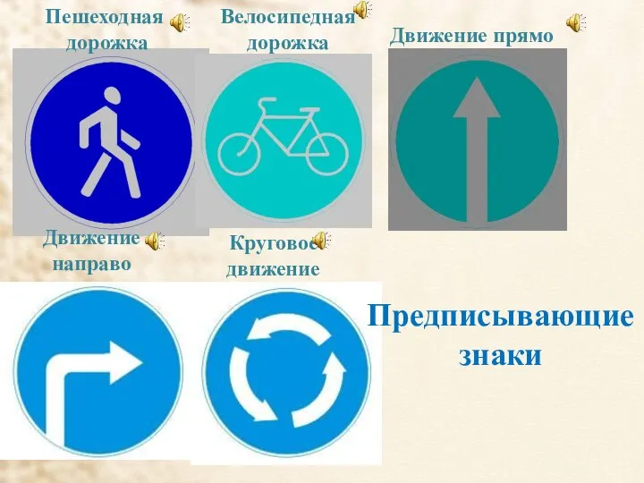 Пешеходная дорожка Велосипедная дорожка Движение прямо Движение направо Круговое движение Предписывающие знаки