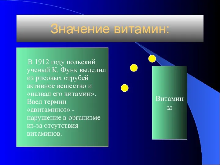 Значение витамин: В 1912 году польский ученый К. Функ выделил из