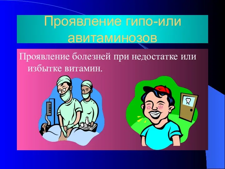 Проявление гипо-или авитаминозов Проявление болезней при недостатке или избытке витамин.