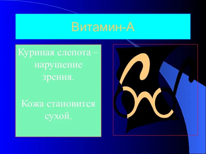 Витамин-А Куриная слепота – нарушение зрения. Кожа становится сухой.