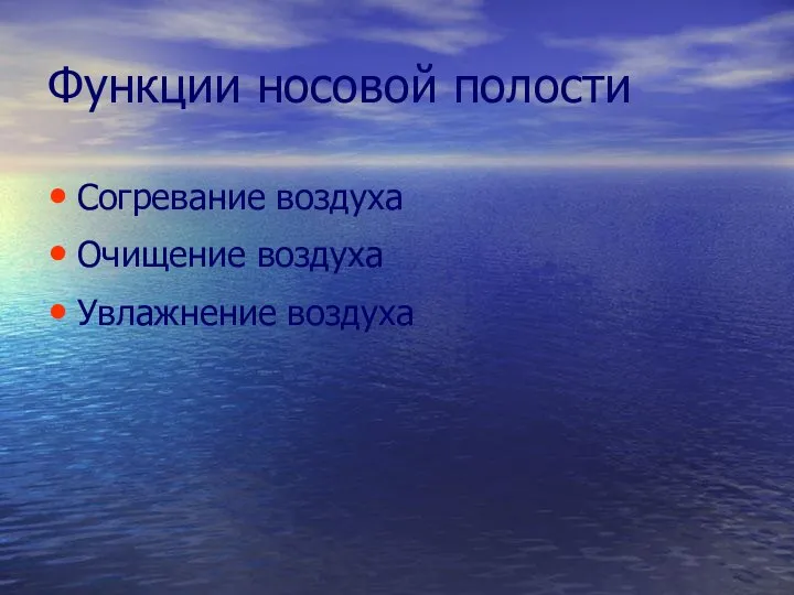 Функции носовой полости Согревание воздуха Очищение воздуха Увлажнение воздуха