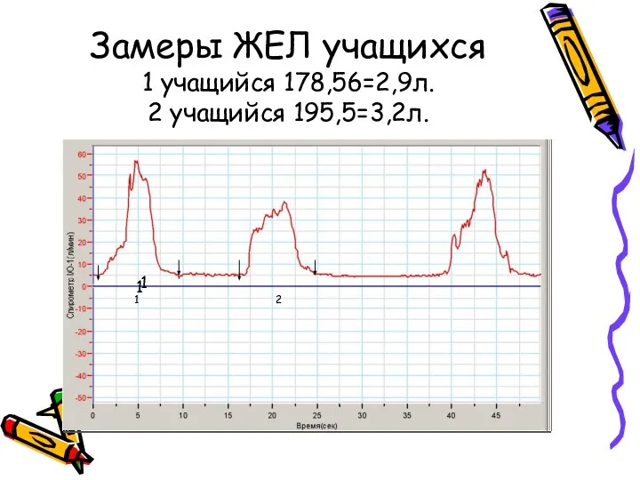 Замеры ЖЕЛ учащихся 1 учащийся 178,56=2,9л. 2 учащийся 195,5=3,2л. 1 1 1 2