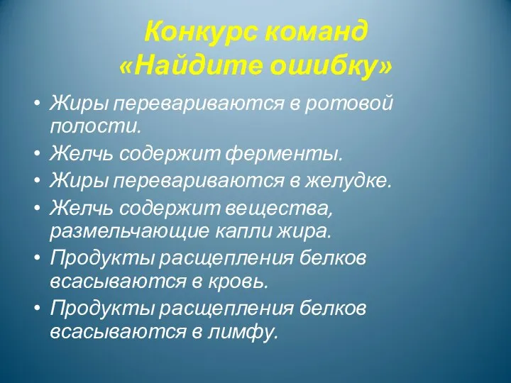 Конкурс команд «Найдите ошибку» Жиры перевариваются в ротовой полости. Желчь содержит