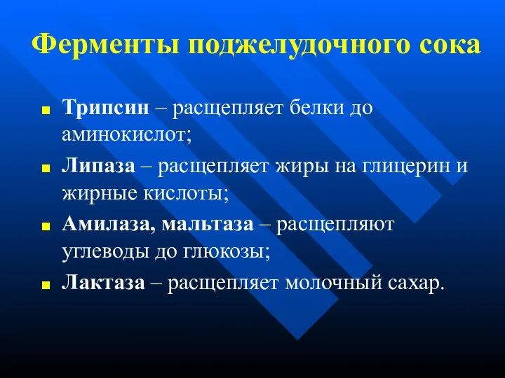 Ферменты поджелудочного сока Трипсин – расщепляет белки до аминокислот; Липаза –