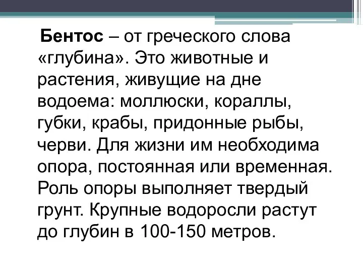 Бентос – от греческого слова «глубина». Это животные и растения, живущие