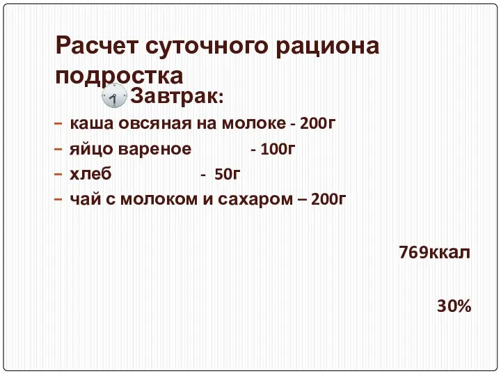 Расчет суточного рациона подростка Завтрак: каша овсяная на молоке - 200г