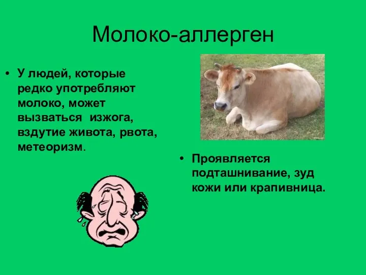 Молоко-аллерген У людей, которые редко употребляют молоко, может вызваться изжога, вздутие