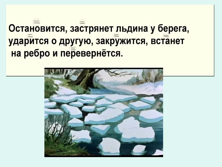 Остановится, застрянет льдина у берега, ударится о другую, закружится, встанет на ребро и перевернётся.