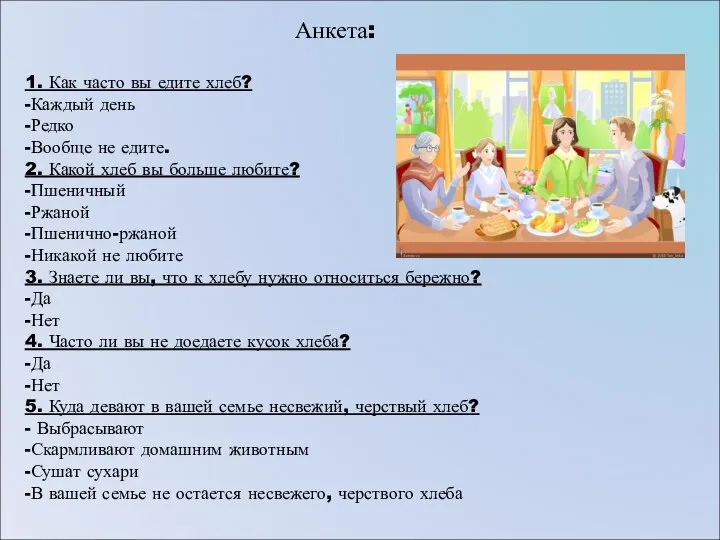1. Как часто вы едите хлеб? -Каждый день -Редко -Вообще не