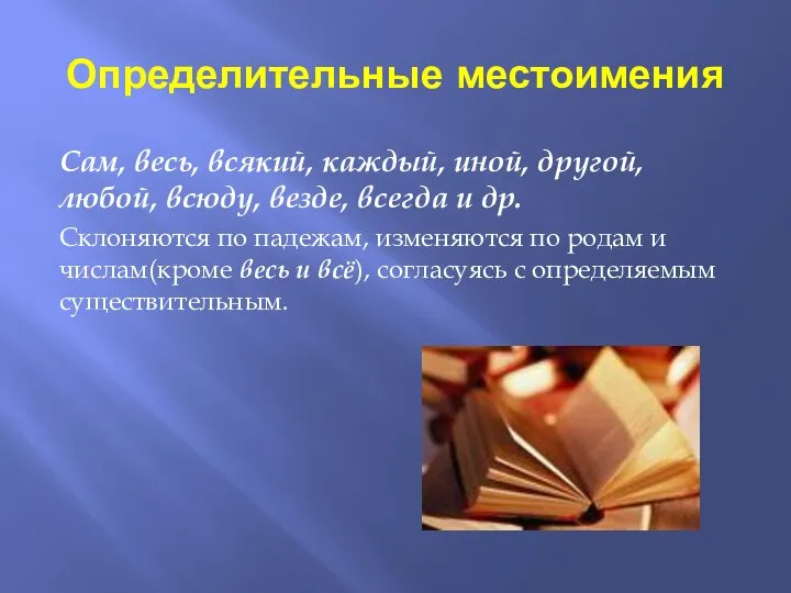 Определительные местоимения Сам, весь, всякий, каждый, иной, другой, любой, всюду, везде,