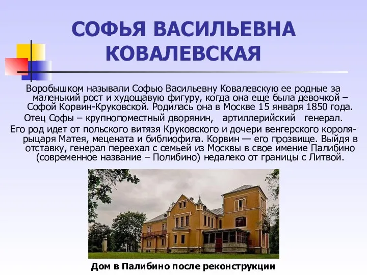 СОФЬЯ ВАСИЛЬЕВНА КОВАЛЕВСКАЯ Воробышком называли Софью Васильевну Ковалевскую ее родные за