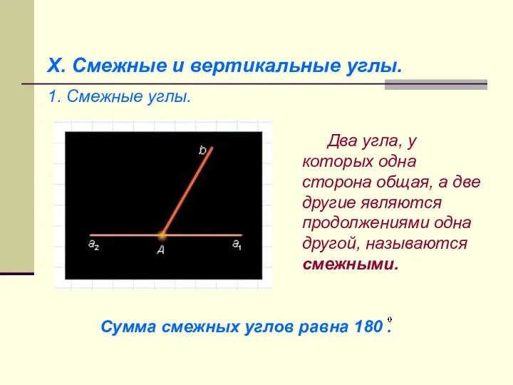 X. Смежные и вертикальные углы. 1. Смежные углы. Два угла, у