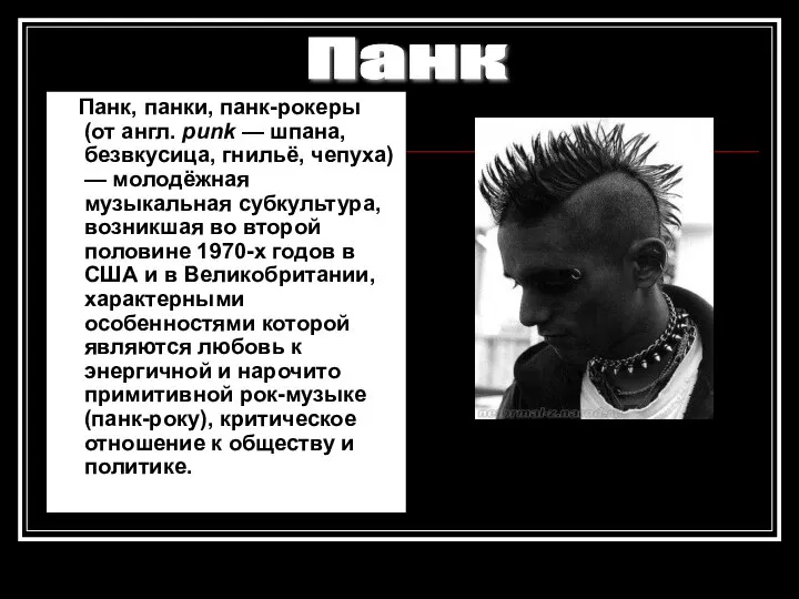 Панк, панки, панк-рокеры (от англ. punk — шпана, безвкусица, гнильё, чепуха)