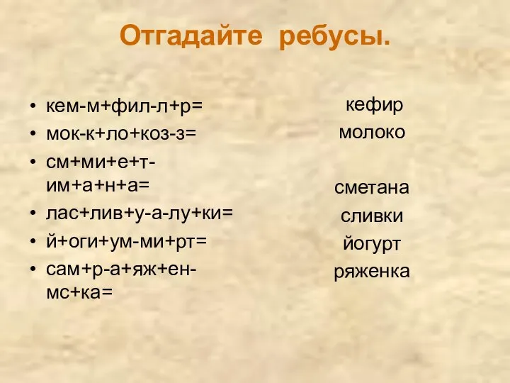 Отгадайте ребусы. кем-м+фил-л+р= мок-к+ло+коз-з= см+ми+е+т-им+а+н+а= лас+лив+у-а-лу+ки= й+оги+ум-ми+рт= сам+р-а+яж+ен-мс+ка= кефир молоко сметана сливки йогурт ряженка