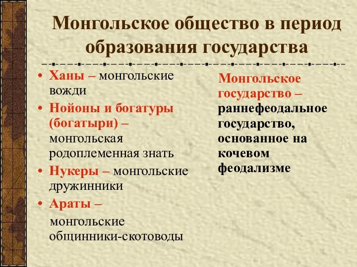 Монгольское общество в период образования государства Ханы – монгольские вожди Нойоны