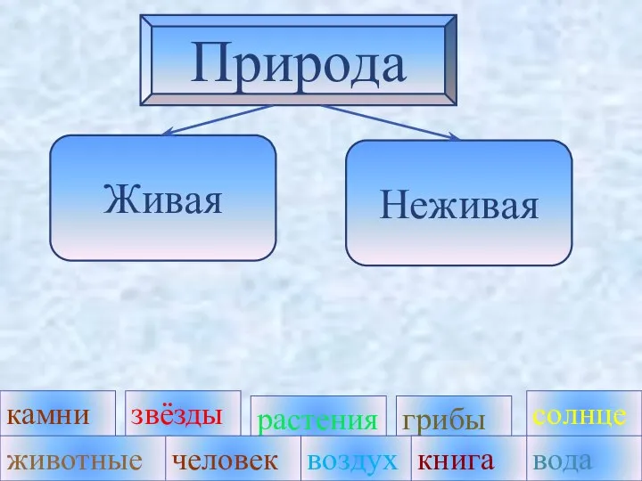 Природа Неживая Живая солнце растения грибы звёзды воздух книга вода камни животные человек